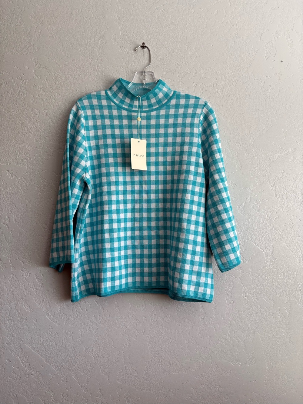 ❤️NEW entro Aqua & White Gingham Mock Neck Sweater